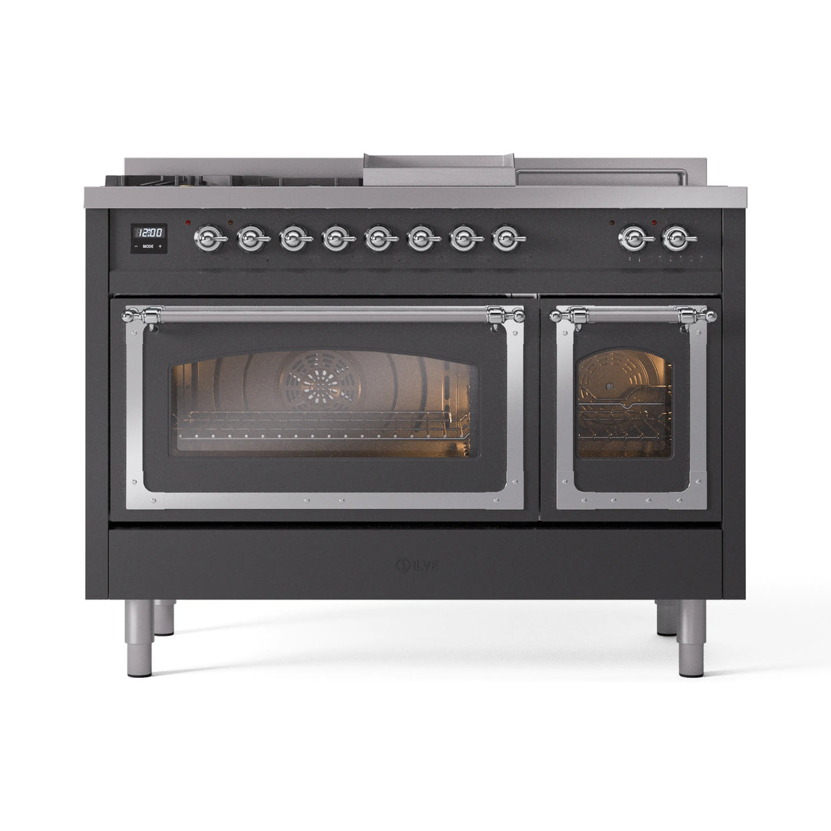 ILVE Nostalgie II Noblesse 48-Inch LP Dual Fuel Range, 5 Burners, Griddle, French Top, Matte Graphite with Chrome Trim (UN48FSNMPMGCLP)
