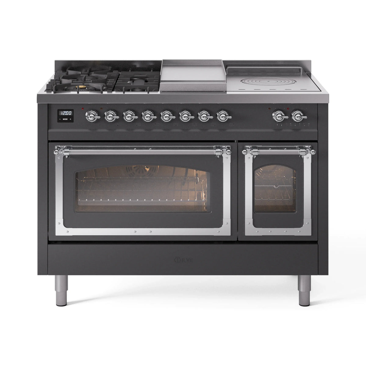 ILVE Nostalgie II Noblesse 48-Inch LP Dual Fuel Range, 5 Burners, Griddle, French Top, Matte Graphite with Chrome Trim (UN48FSNMPMGCLP)