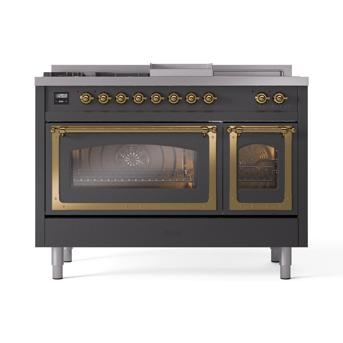 ILVE Nostalgie II Noblesse 48-Inch LP Dual Fuel Range, 5 Burners, Griddle, French Top, Matte Graphite with Brass Trim (UN48FSNMPMGGLP)