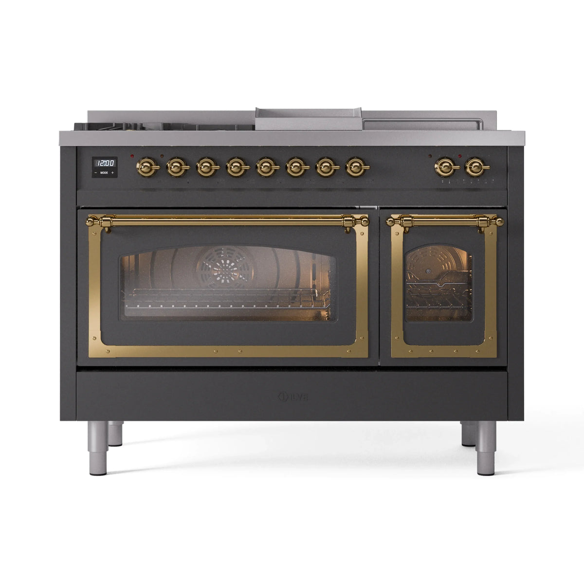 ILVE Nostalgie II Noblesse 48-Inch NG Dual Fuel Range, 5 Burners, Griddle, French Top, Matte Graphite with Brass Trim (UN48FSNMPMGG)