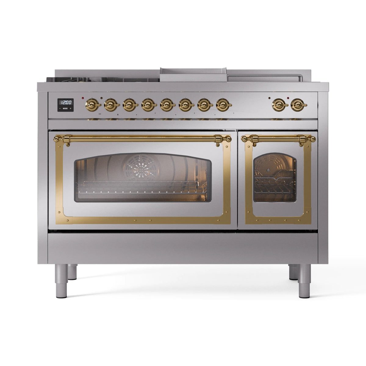 ILVE Nostalgie II Noblesse 48-Inch NG Dual Fuel Range, 5 Burners, Griddle, French Top, Stainless Steel with Brass Trim (UN48FSNMPSSG)