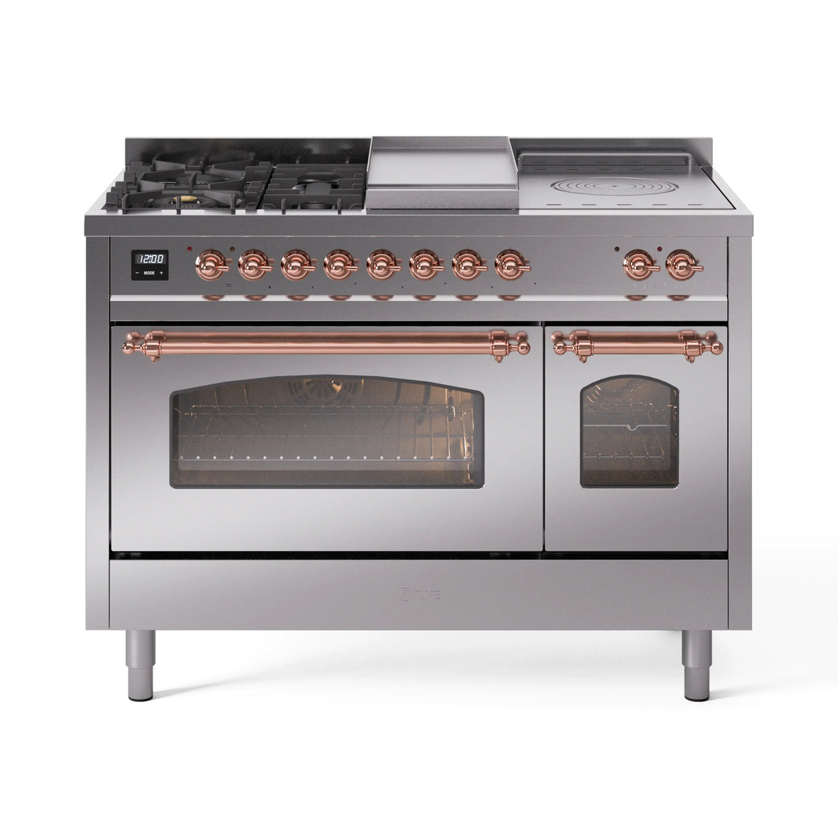 ILVE Nostalgie II Noblesse 48-Inch NG Dual Fuel Range, 5 Burners, Griddle, French Top, Stainless Steel with Copper Trim (UN48FSNMPSSP)
