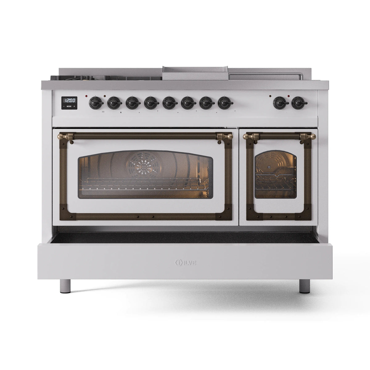 ILVE Nostalgie II Noblesse 48-Inch NG Dual Fuel Range, 5 Burners, Griddle, French Top, White with Burnished Bronze Trim (UN48FSNMPWHB)