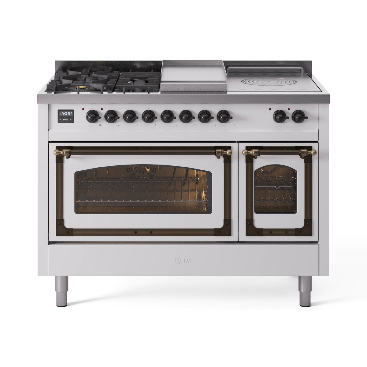 ILVE Nostalgie II Noblesse 48-Inch NG Dual Fuel Range, 5 Burners, Griddle, French Top, White with Burnished Bronze Trim (UN48FSNMPWHB)