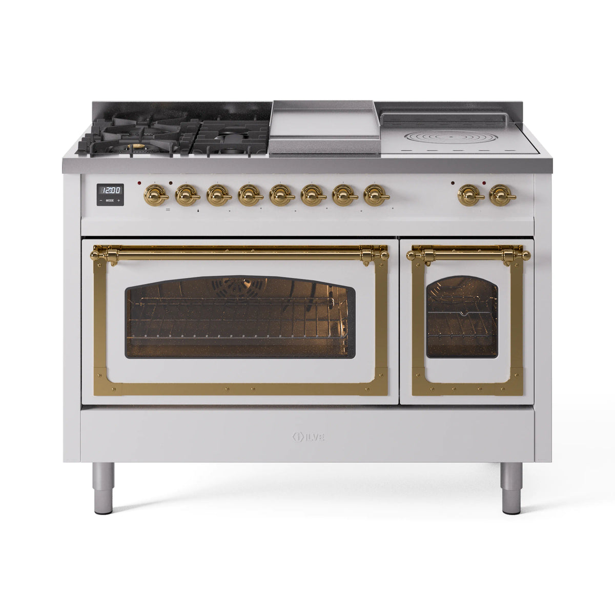 ILVE Nostalgie II Noblesse 48-Inch NG Dual Fuel Range, 5 Burners, Griddle, French Top, Triple Glass Door, White with Brass Trim (UN48FSNMPWHG)