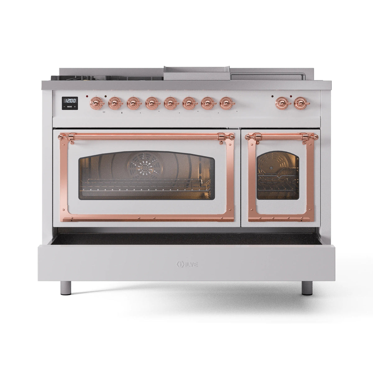 ILVE Nostalgie II Noblesse 48-Inch LP Dual Fuel Range, 5 Burners, Griddle, French Top, White with Copper Trim (UN48FSNMPWHPLP)