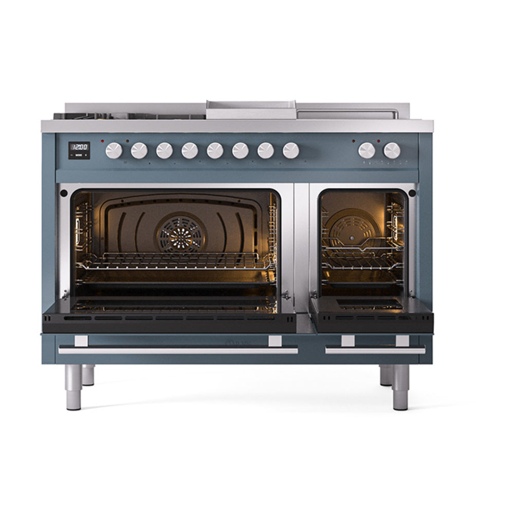 ILVE Professional Plus II 48-Inch Propane Dual Fuel Range, 5 Burners, Griddle, French Top, Solid Door, Blue Grey (UP48FSQMPBGLP)