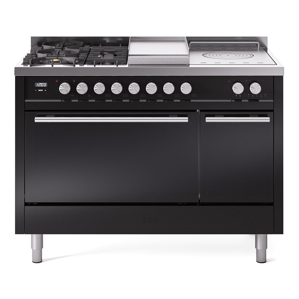 ILVE Professional Plus II 48-Inch Natural Gas Dual Fuel Range, 5 Burners, Griddle, French Top, Solid Door, Glossy Black (UP48FSQMPBK)