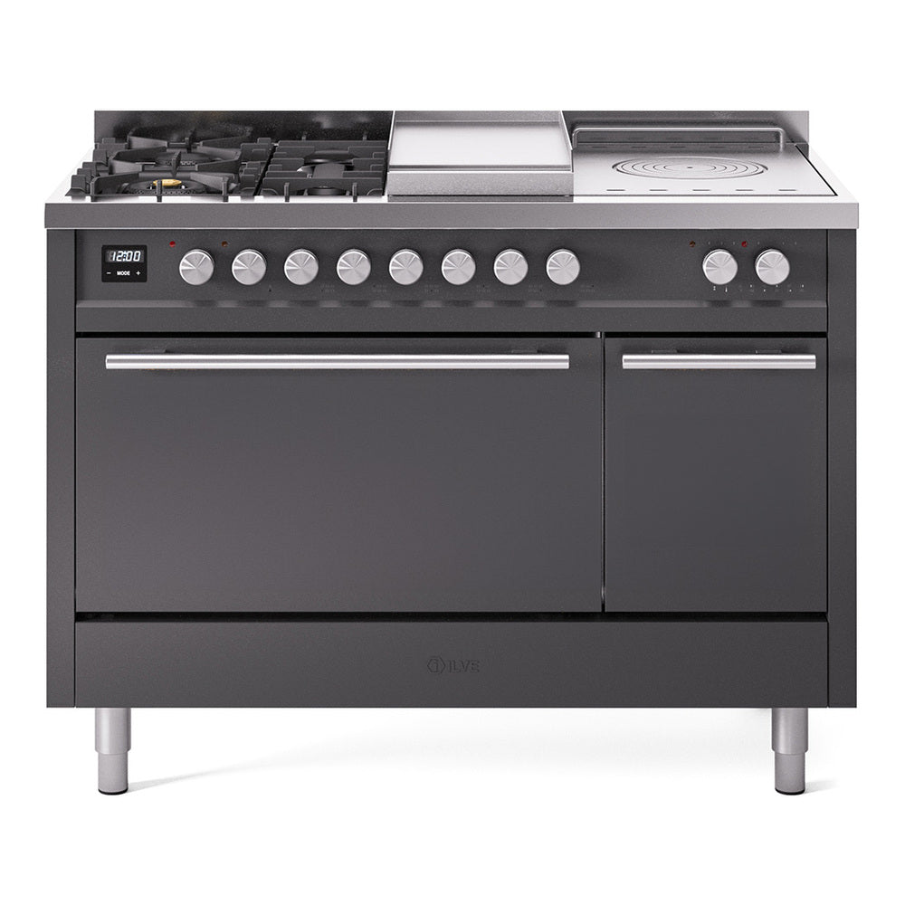 ILVE Professional Plus II 48-Inch Propane Dual Fuel Range, 5 Burners, Griddle, French Top, Solid Door, Matte Graphite (UP48FSQMPMGLP)