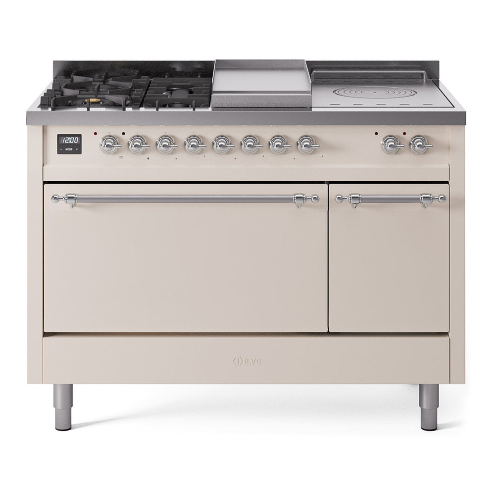 ILVE Nostalgie II 48-Inch Propane Dual Fuel Range, 5 Burners, French Top, Griddle, Solid Door, Antique White with Chrome Trim (UP48FSQNMPAWCLP)