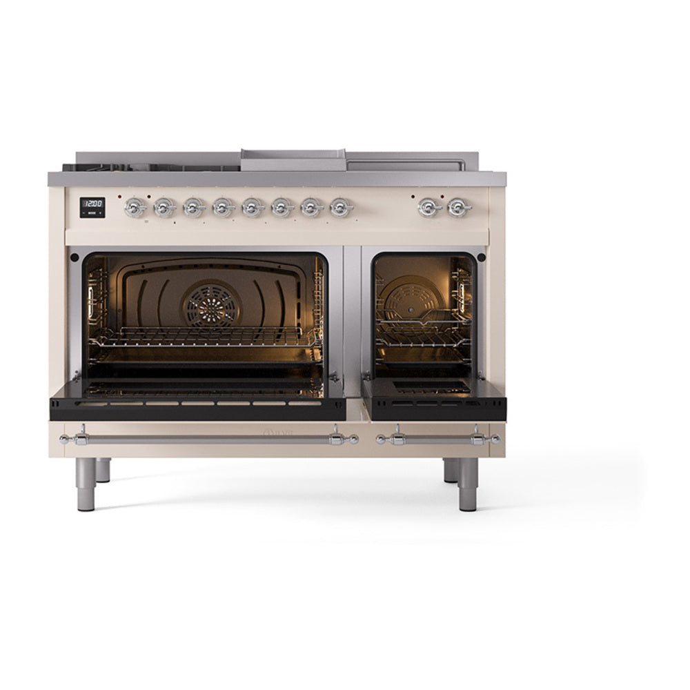 ILVE Nostalgie II 48-Inch Natural Gas Dual Fuel Range, 5 Burners, French Top, Griddle, Solid Door, Antique White with Chrome Trim (UP48FSQNMPAWC)