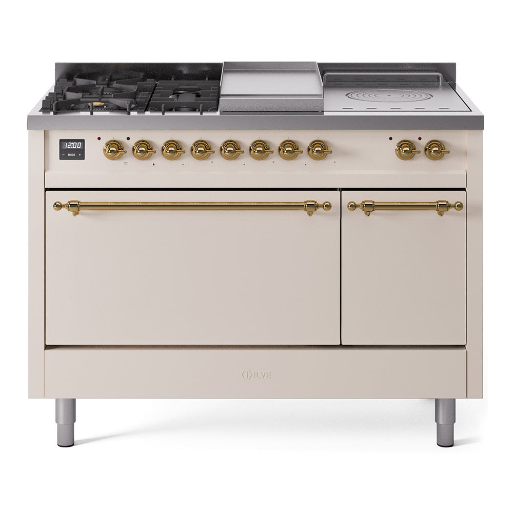 ILVE Nostalgie II 48-Inch Natural Gas Dual Fuel Range, 5 Burners, French Top, Griddle, Solid Door, Antique White with Brass Trim (UP48FSQNMPAWG)