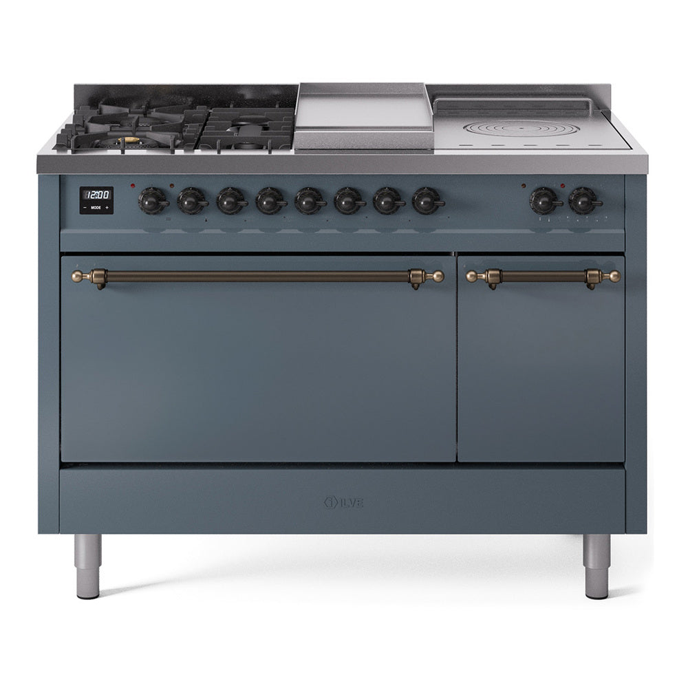 ILVE Nostalgie II 48-Inch Natural Gas Dual Fuel Range, 5 Burners, French Top, Griddle, Solid Door, Blue Grey with Bronze Trim (UP48FSQNMPBGB)