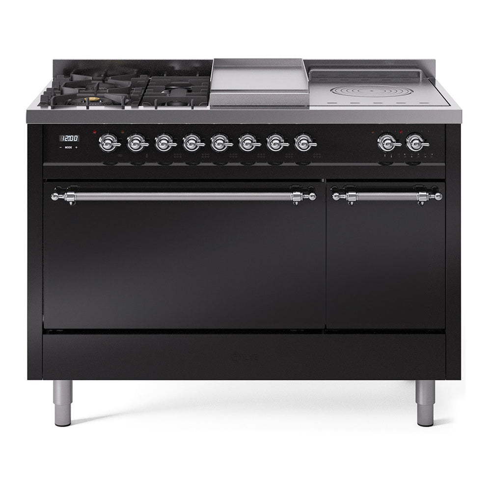 ILVE Nostalgie II 48-Inch Propane Dual Fuel Range, 5 Burners, French Top, Griddle, Solid Door, Glossy Black with Chrome Trim (UP48FSQNMPBKCLP)
