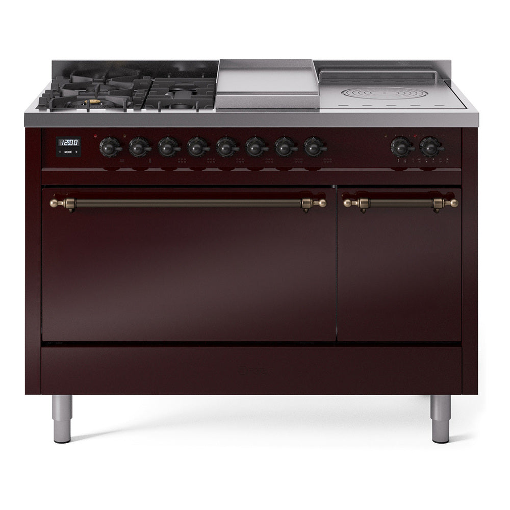 ILVE Nostalgie II 48-Inch Natural Gas Dual Fuel Range, 5 Burners, French Top, Griddle, Solid Door, Burgundy with Burnished Bronze Trim (UP48FSQNMPBUB)