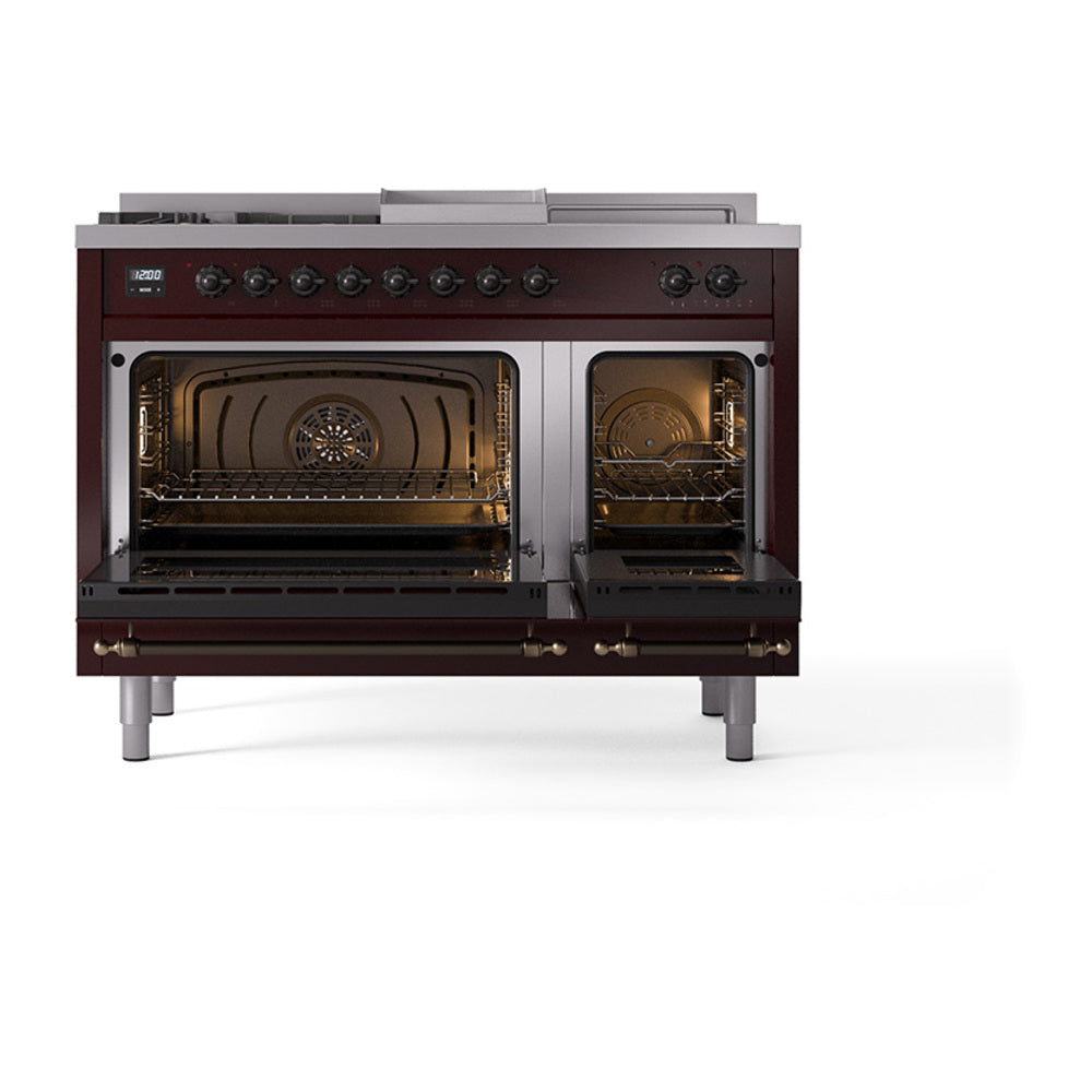 ILVE Nostalgie II 48-Inch Natural Gas Dual Fuel Range, 5 Burners, French Top, Griddle, Solid Door, Burgundy with Burnished Bronze Trim (UP48FSQNMPBUB)