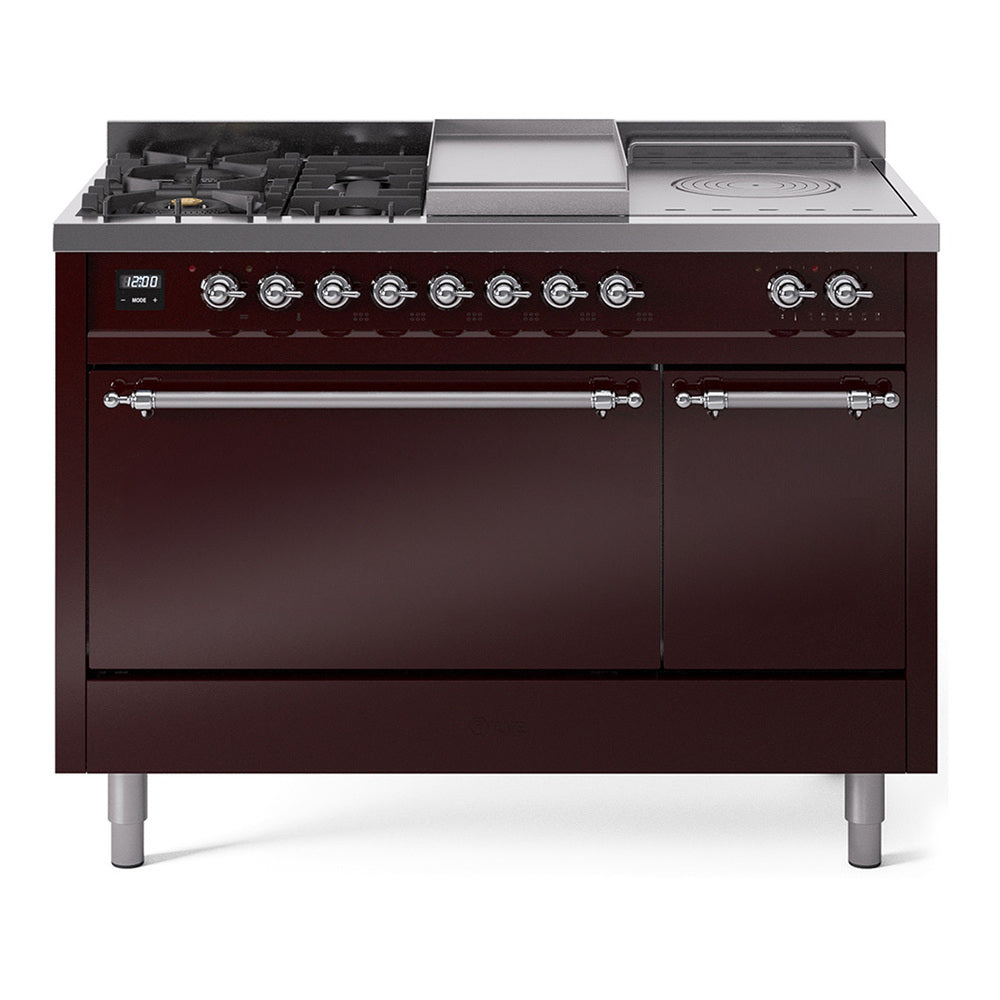 ILVE Nostalgie II 48-Inch Natural Gas Dual Fuel Range, 5 Burners, French Top, Griddle, Solid Door, Burgundy with Chrome Trim (UP48FSQNMPBUC)