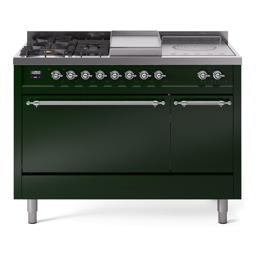 ILVE Nostalgie II 48-Inch Propane Dual Fuel Range, 5 Burners, French Top, Griddle, Solid Door, Emerald Green with Chrome Trim (UP48FSQNMPEGCLP)