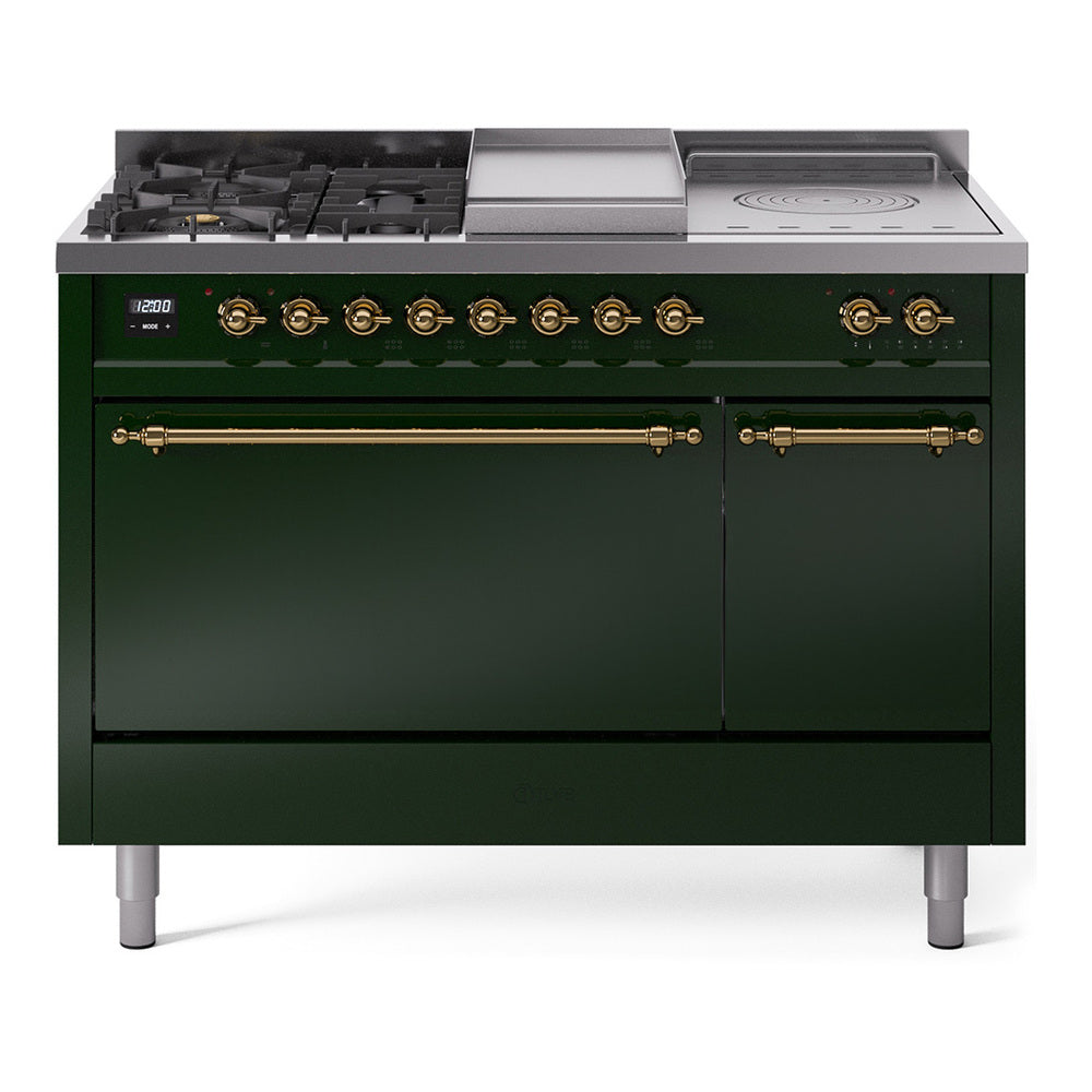 ILVE Nostalgie II 48-Inch Propane Dual Fuel Range, 5 Burners, French Top, Griddle, Solid Door, Emerald Green with Brass Trim (UP48FSQNMPEGGLP)
