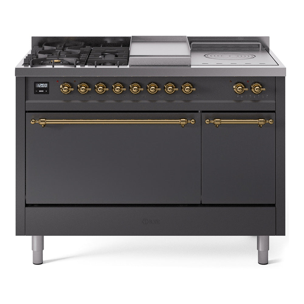 ILVE Nostalgie II 48-Inch Natural Gas Dual Fuel Range, 5 Burners, French Top, Griddle, Solid Door, Matte Graphite with Brass Trim (UP48FSQNMPMGG)