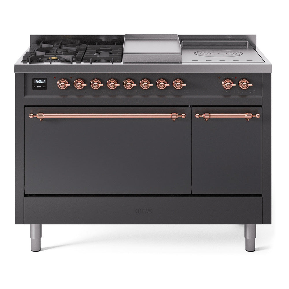 ILVE Nostalgie II 48-Inch LP Dual Fuel Range, 5 Burners, French Top, Griddle, Solid Door, Matte Graphite with Copper Trim (UP48FSQNMPMGPLP)