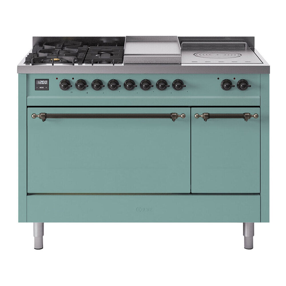 ILVE Nostalgie II 48-Inch Natural Gas Dual Fuel Range, 5 Burners, French Top, Griddle, Solid Door, Mediterranean Mint with Bronze Trim (UP48FSQNMPMMB)