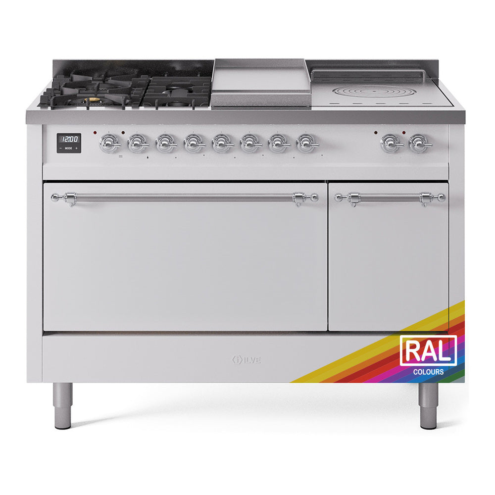ILVE Nostalgie II 48-Inch Propane Dual Fuel Range, 5 Burners, French Top, Griddle, Solid Door, Custom RAL with Chrome Trim (UP48FSQNMPRACLP)