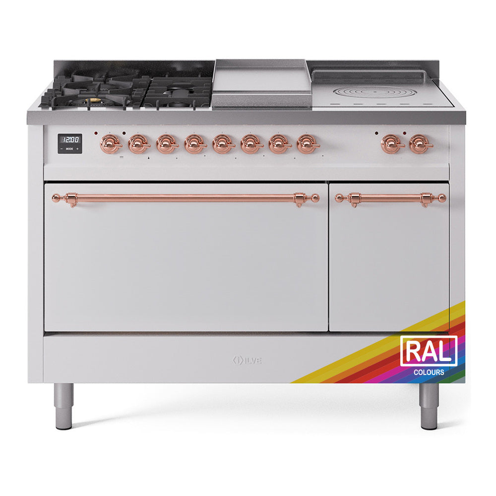 ILVE Nostalgie II 48-Inch Propane Dual Fuel Range, 5 Burners, French Top, Griddle, Solid Door, Custom RAL with Copper Trim (UP48FSQNMPRAPLP)