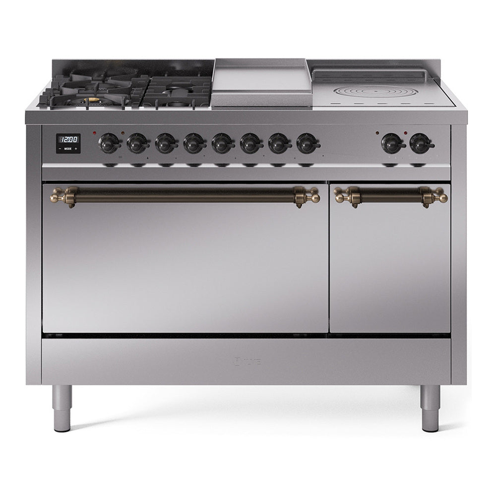 ILVE Nostalgie II 48-Inch Natural Gas Dual Fuel Range, 5 Burners, French Top, Griddle, Solid Door, Stainless Steel with Bronze Trim (UP48FSQNMPSSB)