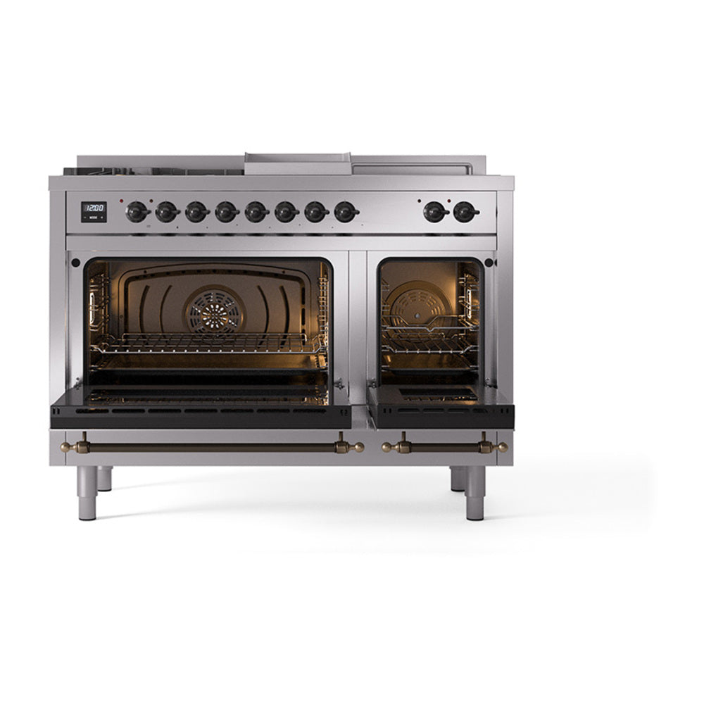 ILVE Nostalgie II 48-Inch Natural Gas Dual Fuel Range, 5 Burners, French Top, Griddle, Solid Door, Stainless Steel with Bronze Trim (UP48FSQNMPSSB)