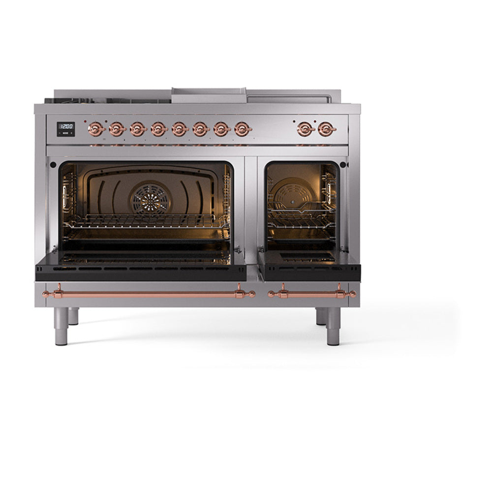 ILVE Nostalgie II 48-Inch Natural Gas Dual Fuel Range, 5 Burners, French Top, Griddle, Solid Door, Stainless Steel with Copper Trim (UP48FSQNMPSSP)