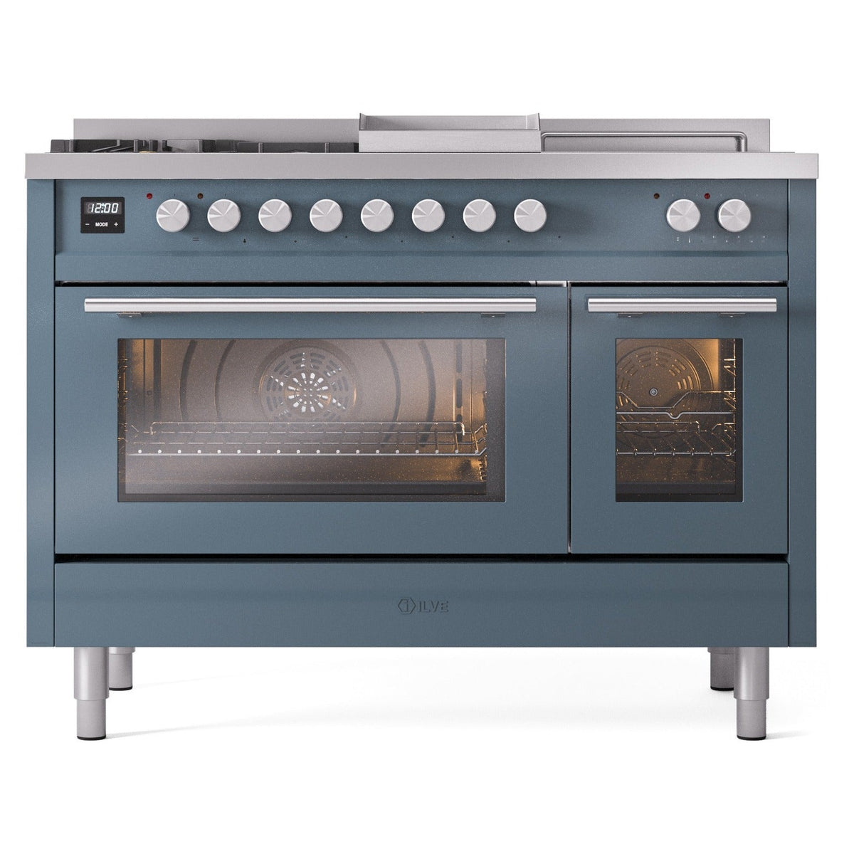 ILVE Professional Plus II 48-Inch Natural Gas Dual Fuel Range, 5 Burners, Griddle, French Top, Triple Glass Door, Blue Grey (UP48FSWMPBG)