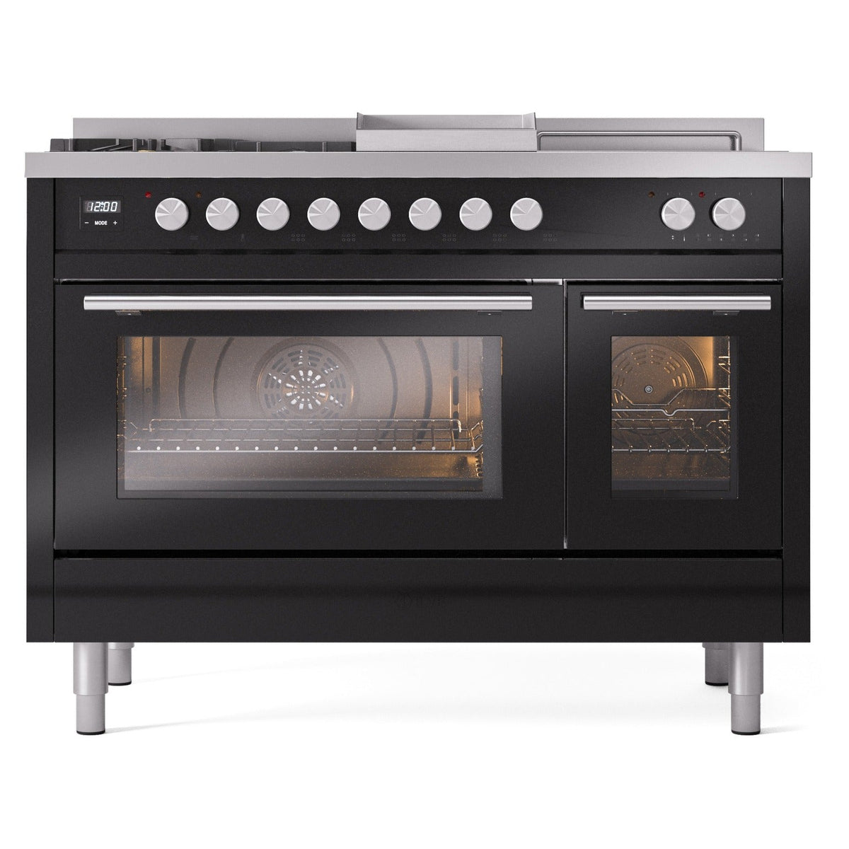 ILVE Professional Plus II 48-Inch Propane Dual Fuel Range, 5 Burners, Griddle, French Top, Triple Glass Door, Glossy Black (UP48FSWMPBKLP)