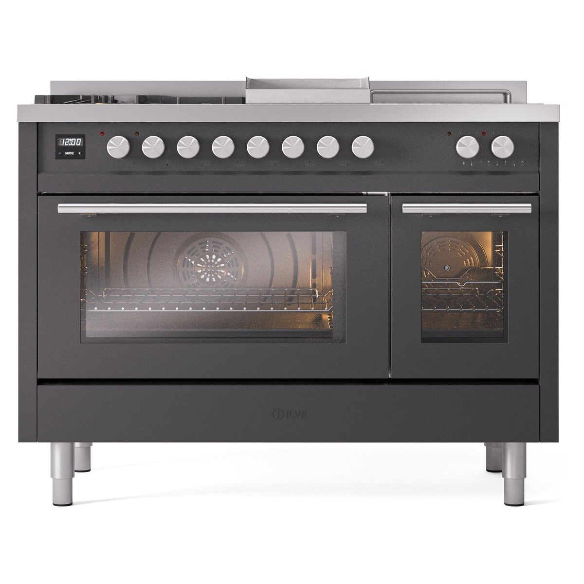 ILVE Professional Plus II 48-Inch Propane Dual Fuel Range, 5 Burners, Griddle, French Top, Triple Glass Door, Matte Graphite (UP48FSWMPMGLP)