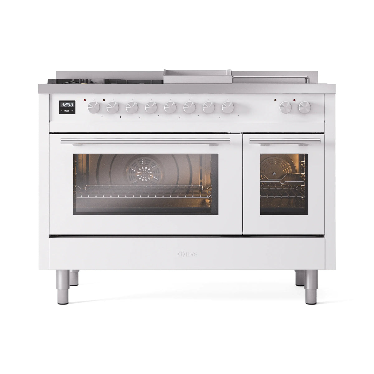 ILVE Professional Plus II 48-Inch Natural Gas Dual Fuel Range, 5 Burners, Griddle, French Top, Triple Glass Door, White (UP48FSWMPWH)