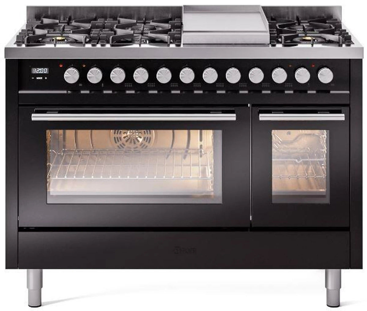 ILVE Professional Plus II 48-Inch Freestanding Propane Dual Fuel Range, 8 Sealed Burners, Glossy Black (UP48FWMPBKLP)