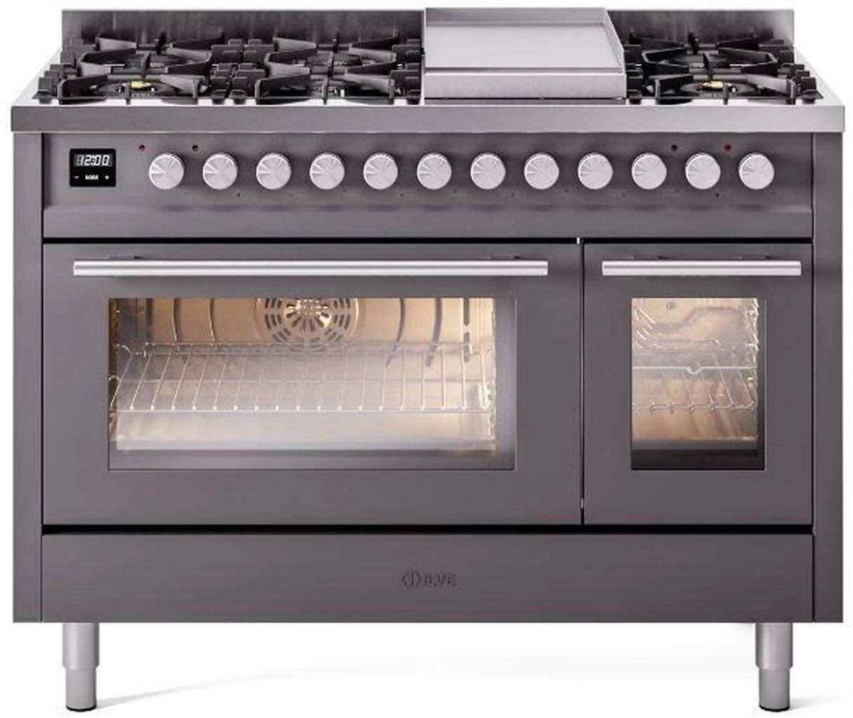 ILVE Professional Plus II 48-Inch Freestanding Propane Dual Fuel Range, 8 Sealed Burners, Matte Graphite (UP48FWMPMGLP)