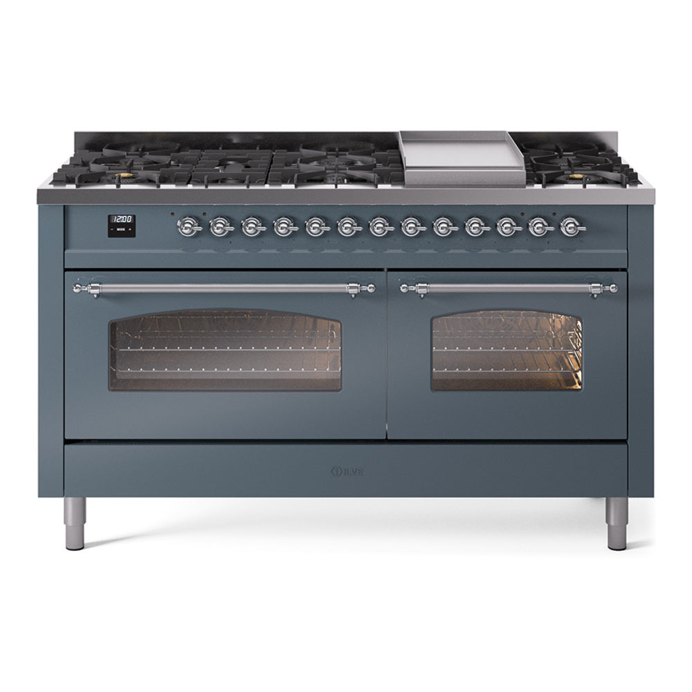ILVE Nostalgie II 60-Inch Freestanding Natural Gas Dual Fuel Range, Blue Grey with Chrome Trim (UP60FNMPBGC)