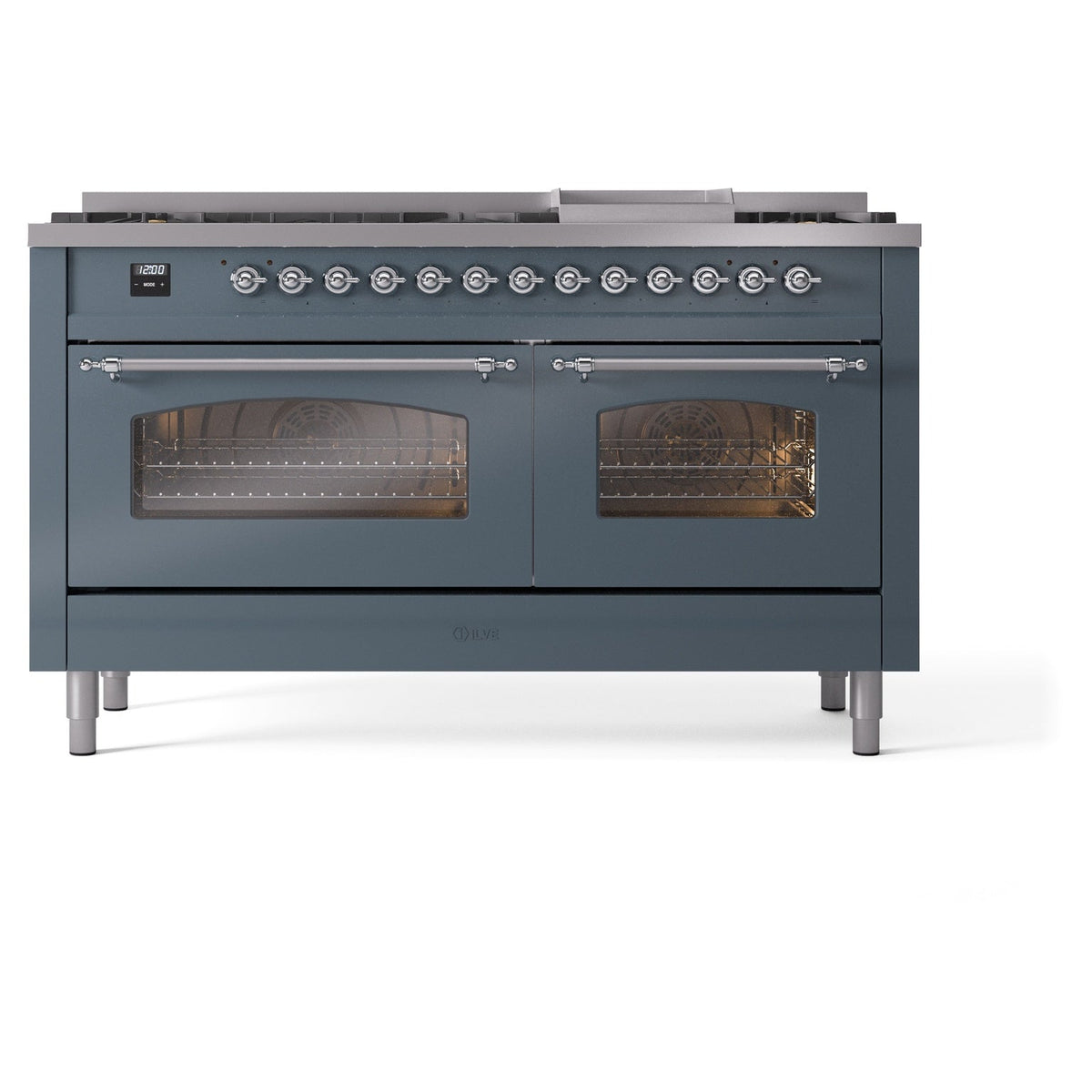 ILVE Nostalgie II 60-Inch Freestanding Dual Fuel Range, Blue Grey with Chrome Trim (UP60FNMPBGCLP)