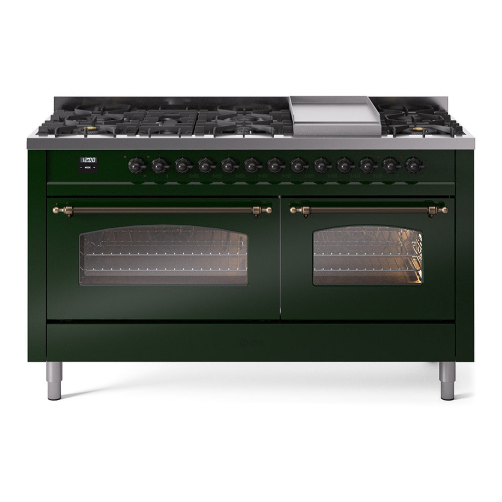 ILVE Nostalgie II 60-Inch Propane Dual Fuel Range, 9 Burners, Griddle, Glass Door Oven, Emerald Green with Bronze Trim (UP60FNMPEGBLP)