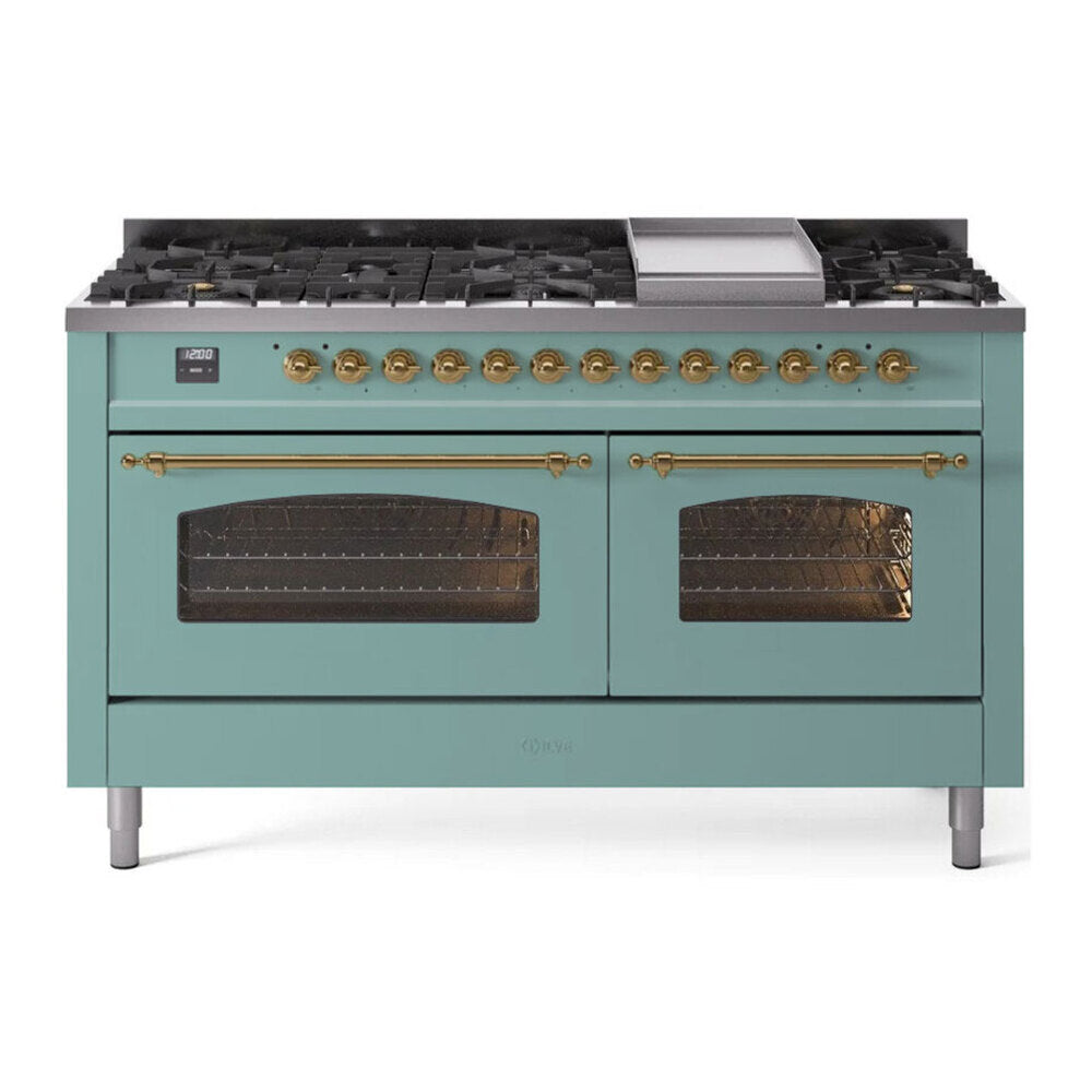 ILVE Nostalgie II 60-Inch Freestanding Natural Gas Dual Fuel Range, Mediterranean Mint with Brass Trim (UP60FNMPMMG)