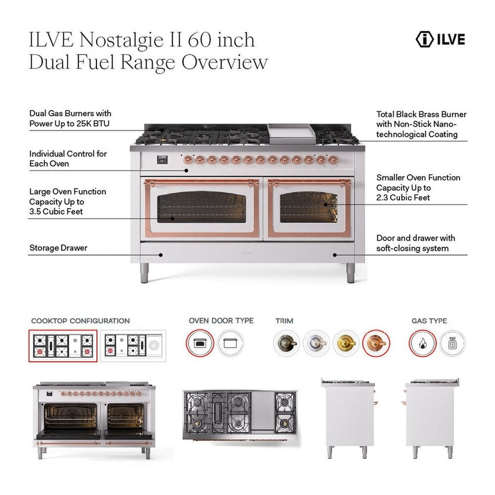 ILVE Nostalgie II 60-Inch Natural Gas Dual Fuel Range, 9 Burners, Griddle, Triple Glass Door, Mediterranean Mint with Copper Trim (UP60FNMPMMP)