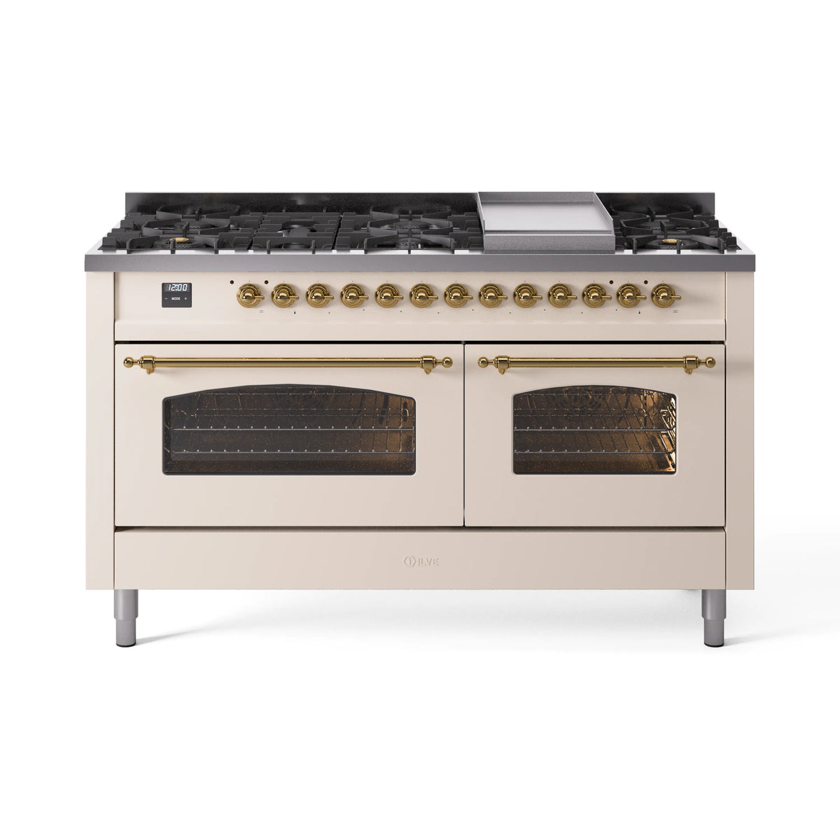 ILVE Nostalgie II 60-Inch Propane Dual Fuel Range, 9 Burners, Griddle, Glass Door Oven, Antique White with Brass Trim (UP60FNMPAWGLP)