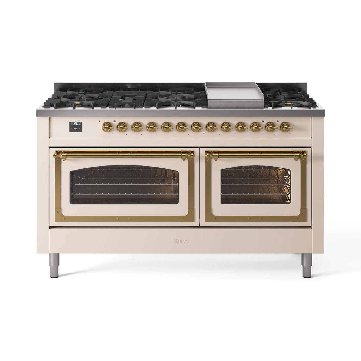 ILVE Nostalgie II Noblesse 60-Inch Propane Dual Fuel Range, 9 Burners, Triple Glass Door Oven, Antique White with Brass Trim (UN60FNMPAWGLP)