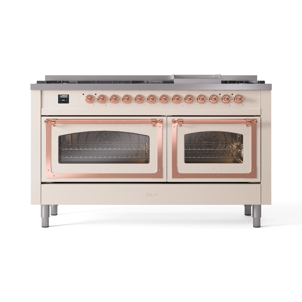 ILVE Nostalgie II Noblesse 60-Inch Propane Dual Fuel Range, 9 Burners, Triple Glass Door Oven, Antique White with Copper Trim (UN60FNMPAWPLP)