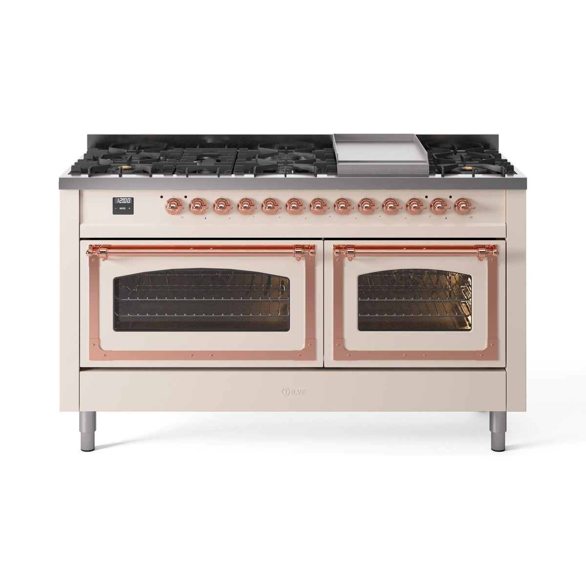 ILVE Nostalgie II Noblesse 60-Inch Natural Gas Dual Fuel Range, Antique White with Copper Trim (UN60FNMPAWP)