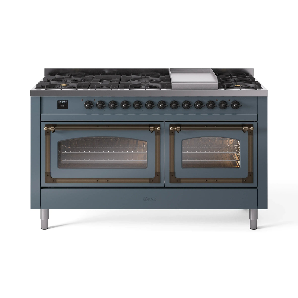 ILVE Nostalgie II Noblesse 60-Inch Natural Gas Dual Fuel Range, Blue Grey with Burnished Bronze Trim (UN60FNMPBGB)