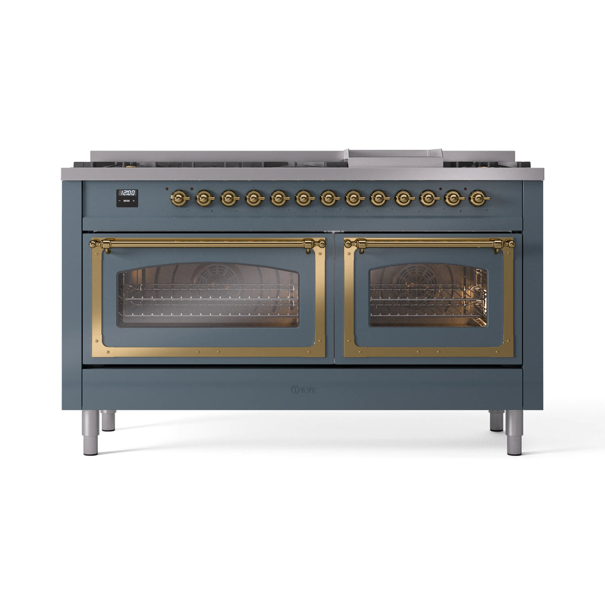 ILVE Nostalgie II Noblesse 60-Inch Dual Fuel Range, 9 Sealed Burners, Griddle, Triple Glass Door, Blue Grey with Brass Trim (UN60FNMPBGG)
