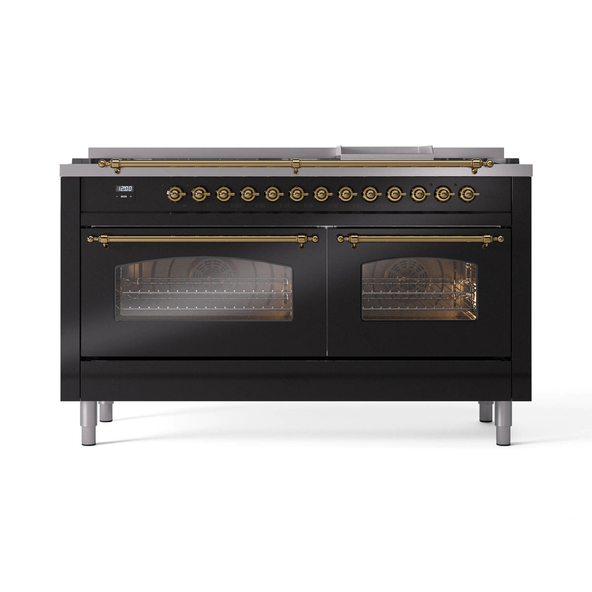 ILVE Nostalgie II 60-Inch Natural Gas Dual Fuel Range, 9 Burners, Griddle, Triple Glass Door, Glossy Black with Brass Trim (UP60FNMPBKG)