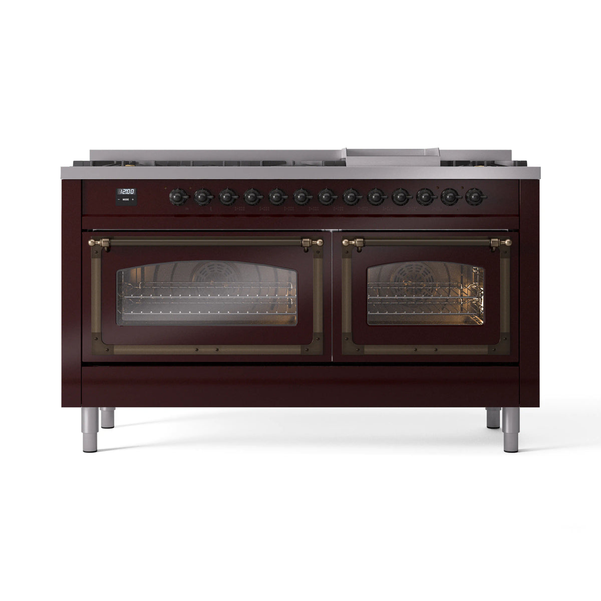 ILVE Nostalgie II Noblesse 60-Inch Propane Dual Fuel Range, 9 Burners, Triple Glass Door Oven, Burgundy with Bronze Trim (UN60FNMPBUBLP)